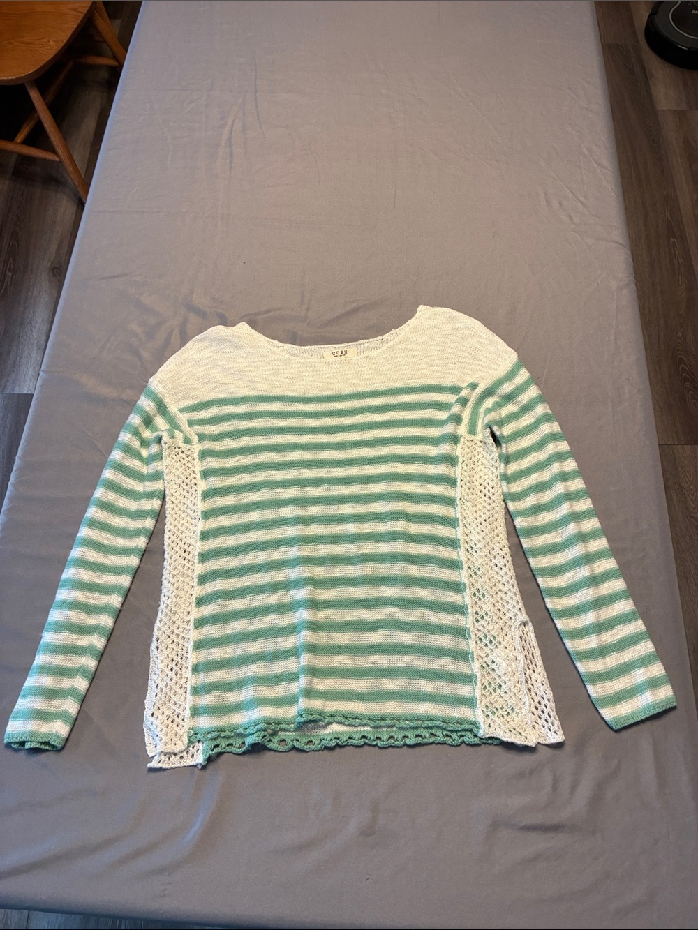 Women’s Green & White Striped Scoop Neck Sweater with Crochet Panels
